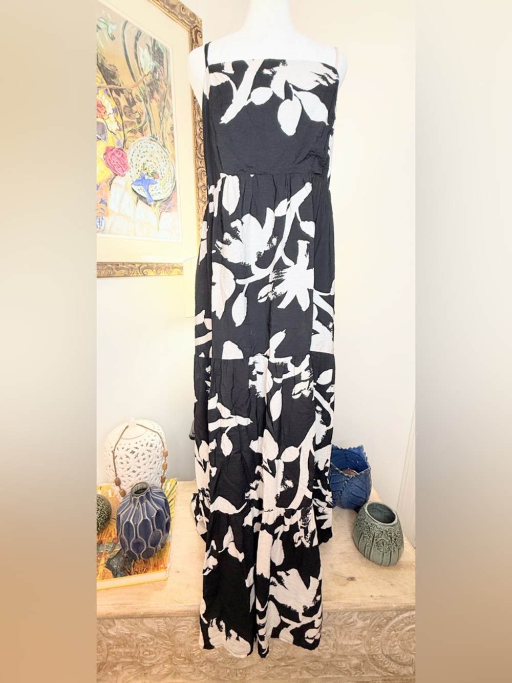Nine West Maxi Dress XXL Black White Floral Tiered Boho Smocked